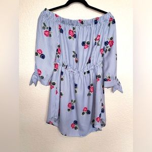Blue and white strip with rose design off the shoulder mini dress.